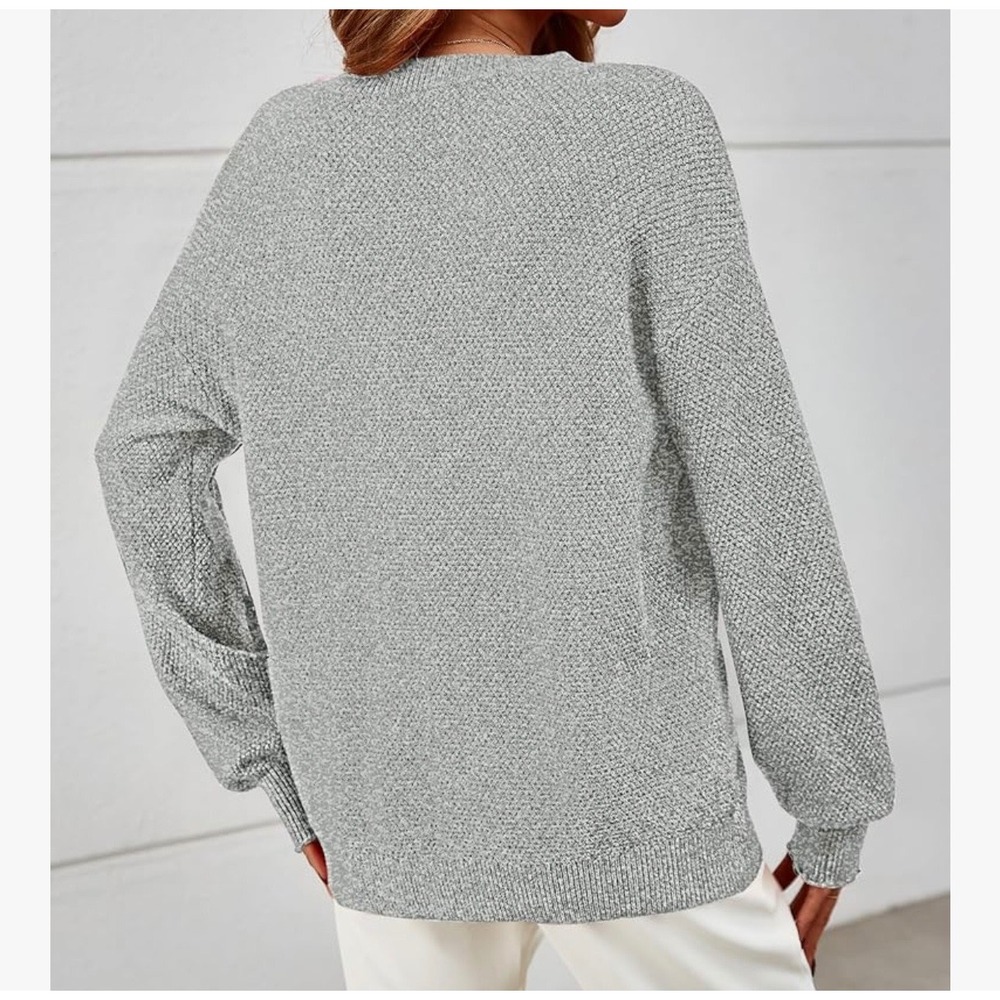 MEROKEETY Womens Oversized Crewneck Sweater Lantern Sleeve Popcorn Knit Grey L - Picture 2 of 4